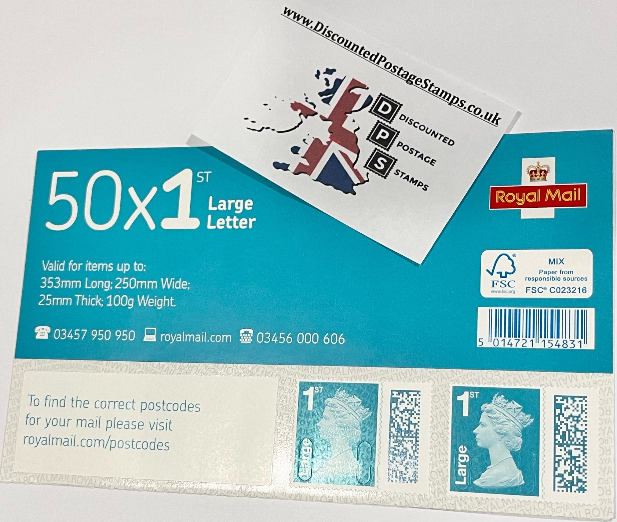 50 x 1st Class Turquoise Large Letter 100g Self Adhesive Stamps (QR Co ...